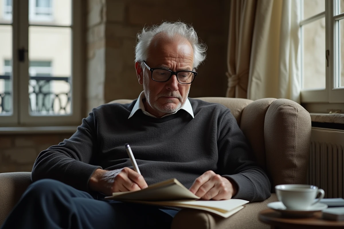 Homme cultivé aux lunettes de lecture installé dans un fauteuil vintage dans un appartement parisien chaleureux