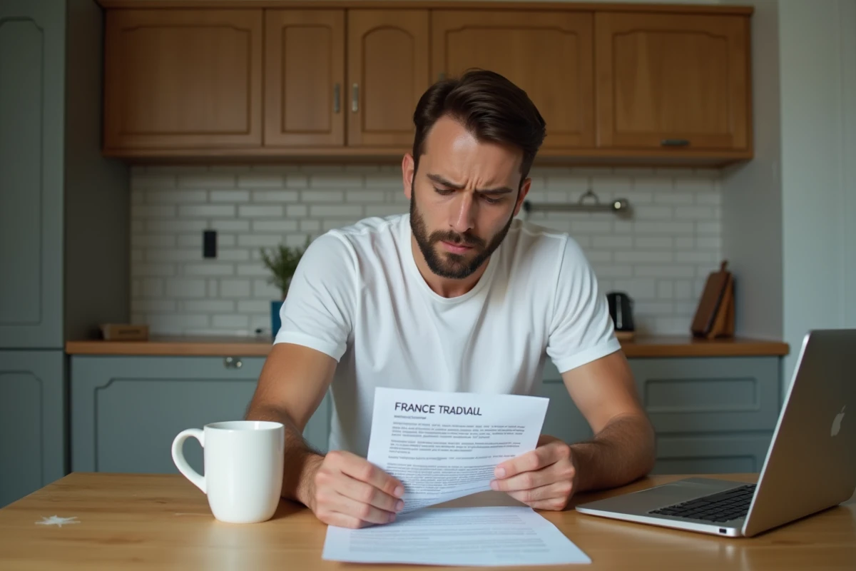 Jeune homme stressé lisant une lettre officielle de France Travail à domicile, conséquence d'une absence non justifiée à un atelier