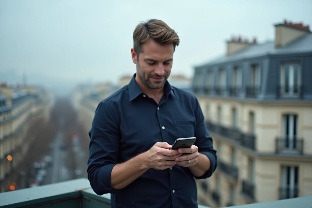 Homme accédant à ses documents de location immobilière via myFoncia sur mobile depuis un balcon en ville