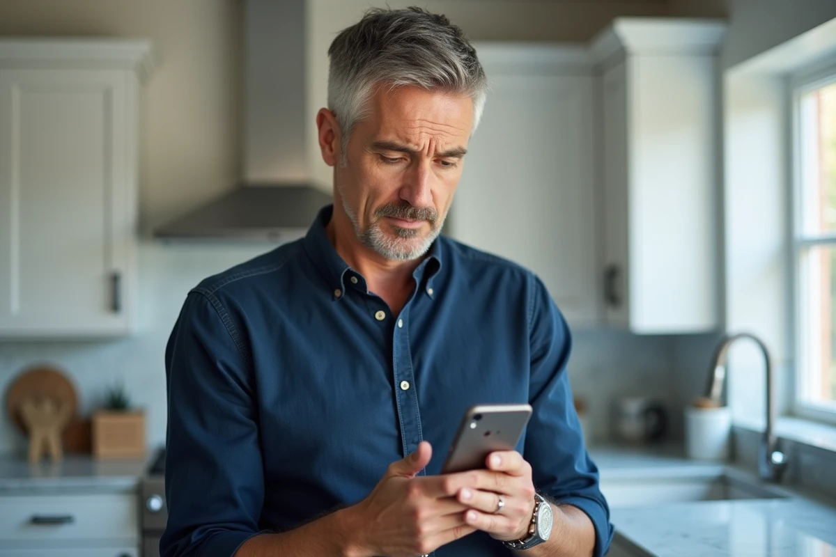 Homme consultant son smartphone avec un écran de chargement sur une application de gestion locative indisponible