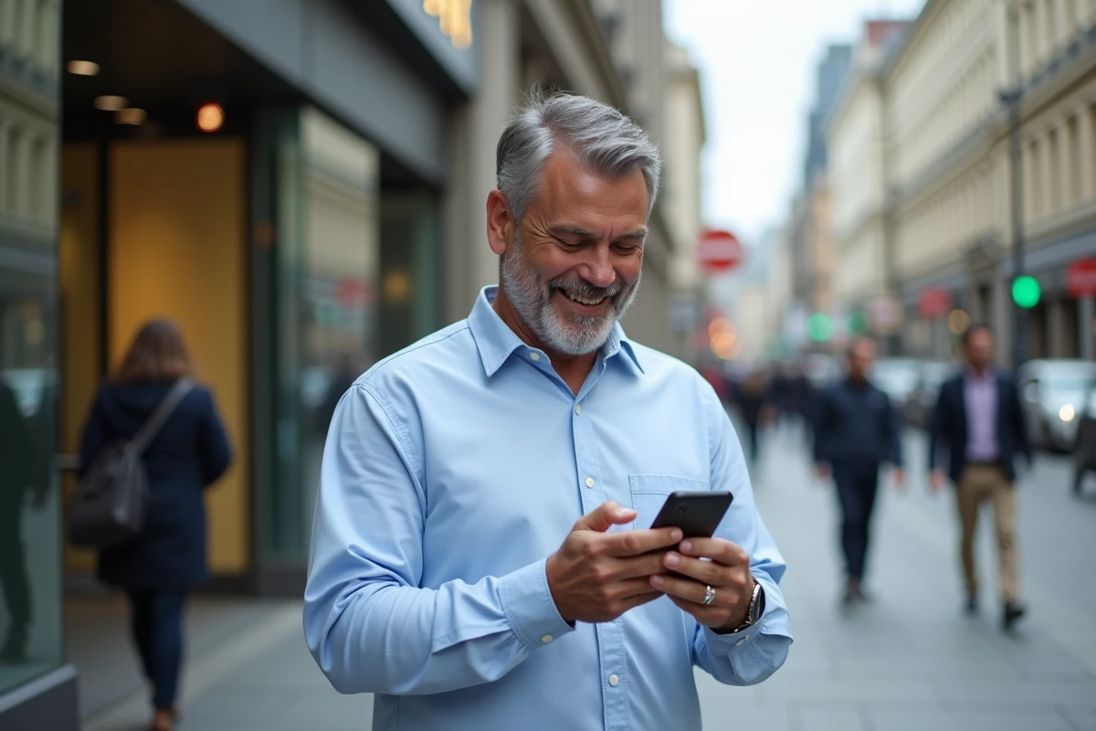 Homme vérifiant son prêt immobilier devant une banque urbaine