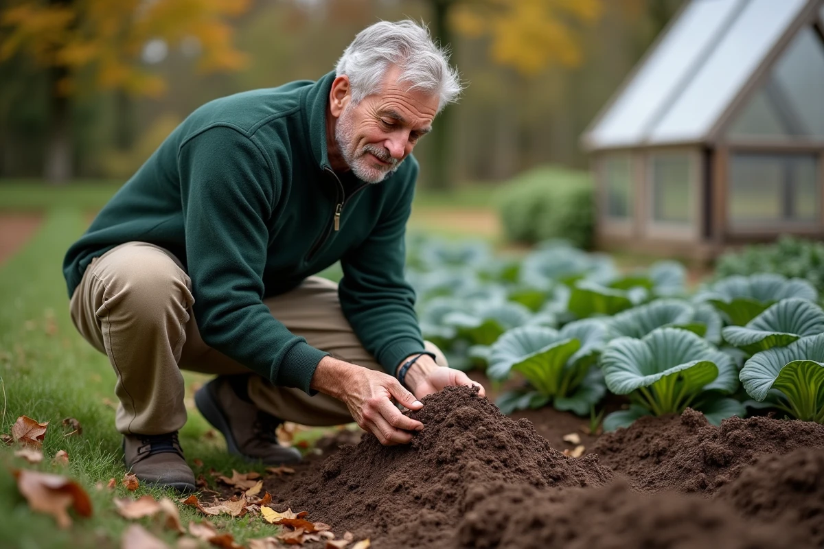 Jardinier inspectant la qualité du sol après aération avec une grelinette dans un potager en automne