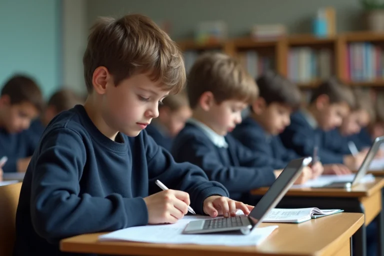 Jeune adolescent concentré sur une tablette en classe moderne