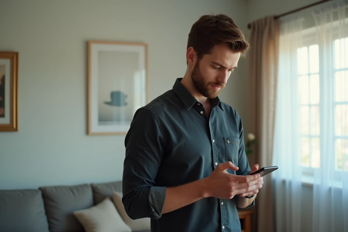 Jeune homme en train d écrire un email sur son smartphone dans un salon