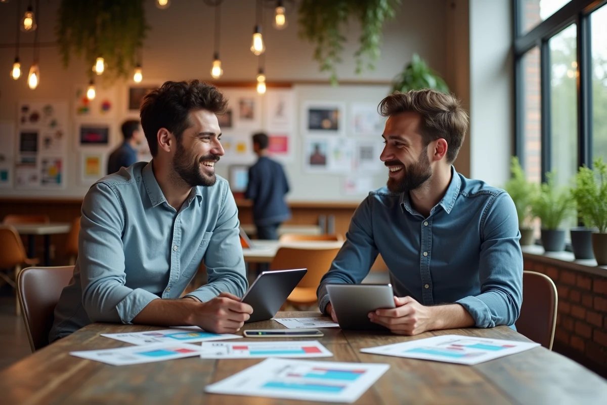 Deux jeunes créatifs discutant autour de mockups publicitaires