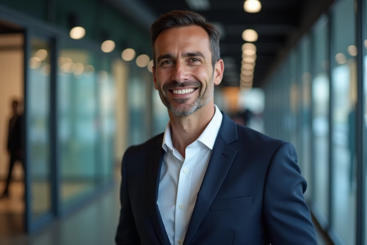 Portrait d'un journaliste de télévision élégant dans un couloir de studio moderne, évoquant l'univers médiatique de Lenny Roselmack