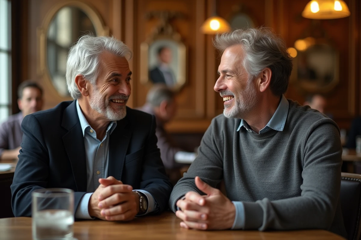 Deux hommes de générations différentes partageant un moment de complicité dans une brasserie parisienne, symbolisant les liens père-fils dans une famille médiatique