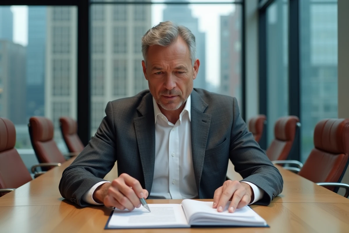 Dirigeant industriel en costume gris anthracite examinant des documents dans une salle de réunion moderne avec vue sur un skyline urbain