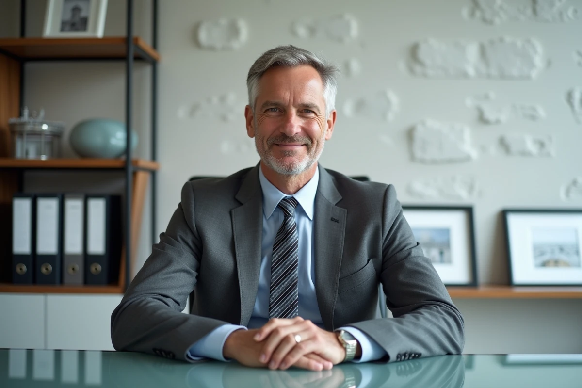 Portrait professionnel d'un dirigeant expérimenté dans son bureau exécutif, symbolisant la réussite financière et le parcours industriel