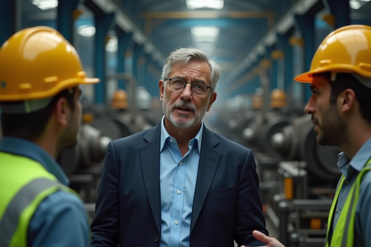Chef d'entreprise inspectant une usine industrielle avec ses équipes, illustrant le leadership dans le secteur industriel