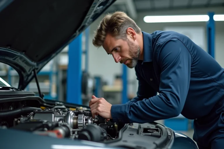 Mécanicien inspectant une boîte semi-automatique dans un atelier automobile professionnel