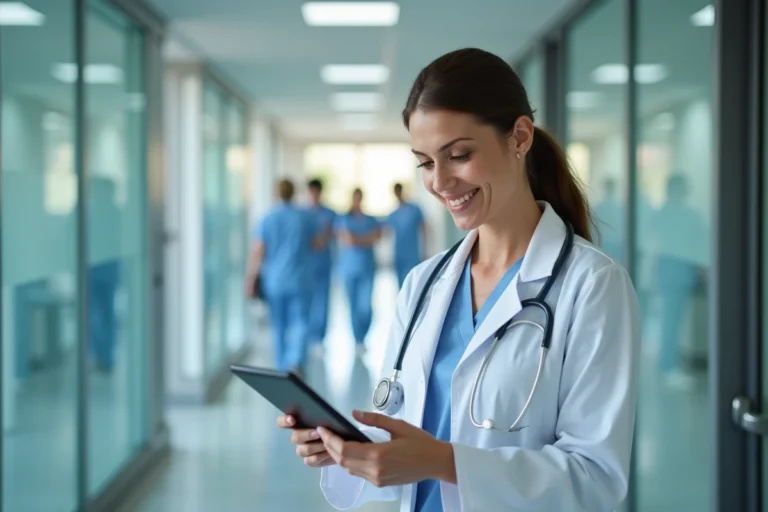 Médecin femme consultant une tablette numérique dans un couloir d'hôpital moderne, actualités santé professionnelle