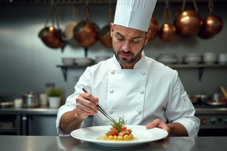 Chef étoilé en toque blanche dressant une assiette gastronomique raffinée dans une cuisine professionnelle de restaurant Michelin