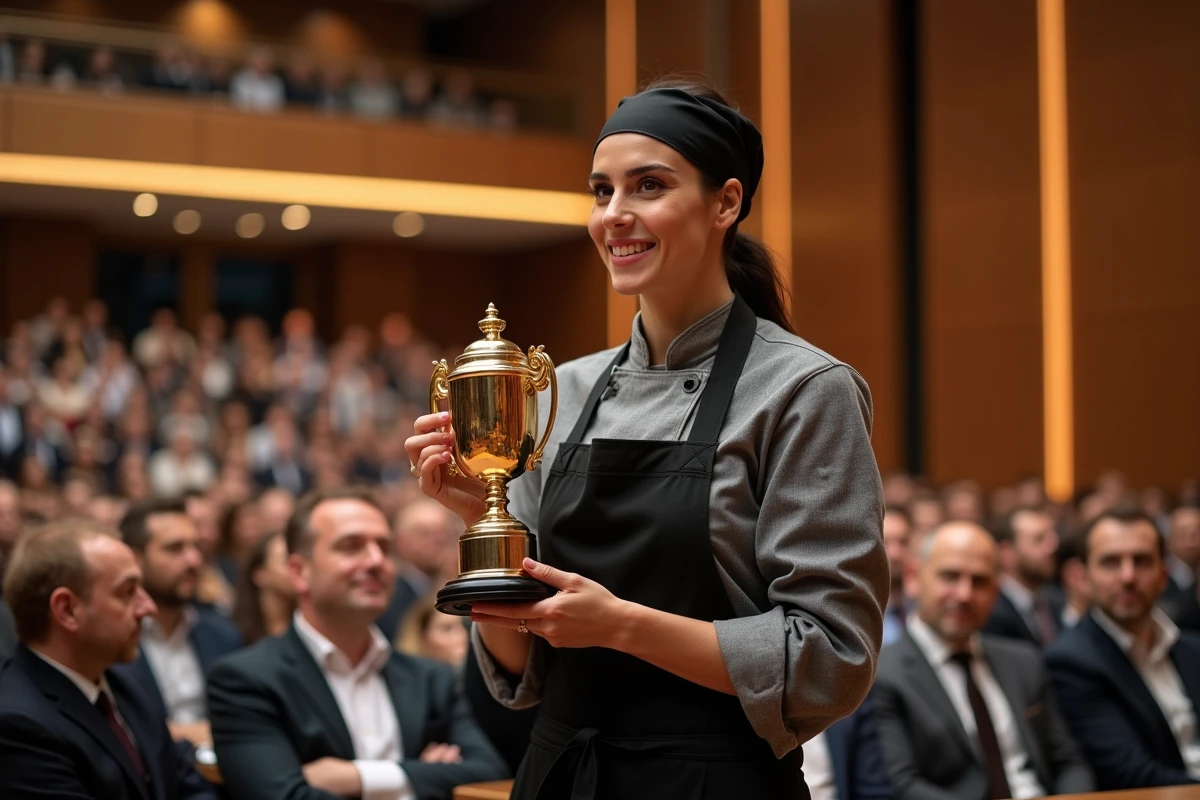 Cheffe cuisinière recevant un trophée d'or lors d'une cérémonie de remise de prix gastronomique internationale