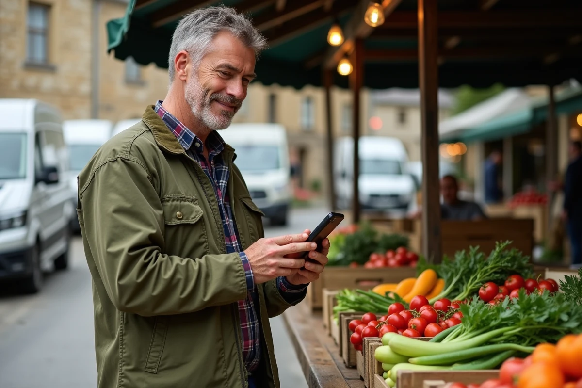 Maraîcher micro-entrepreneur consultant son application de gestion sur smartphone au marché agricole