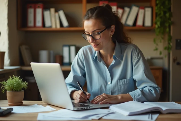 Agricultrice en micro-entreprise remplissant des formulaires administratifs MSA et URSSAF dans un bureau de ferme