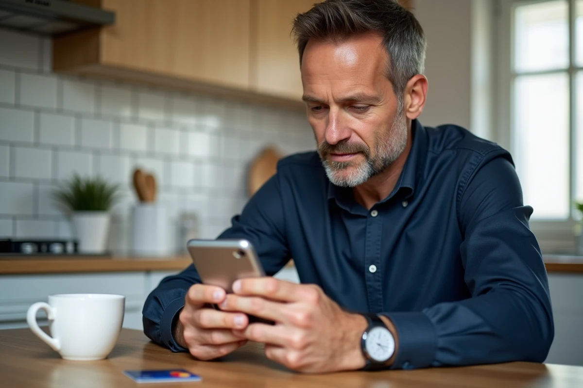 Homme utilisant l'application mobile de la Banque Postale pour modifier le plafond de sa carte bancaire