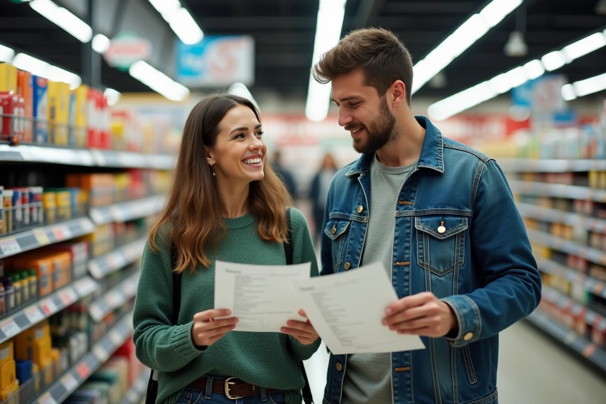 Couple de parents comparant deux listes de fournitures scolaires différentes dans le rayon papeterie d'un supermarché