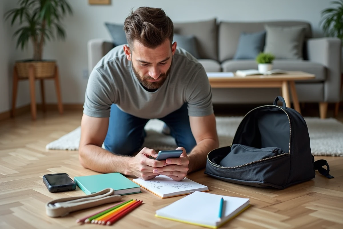 Père préparant le cartable de rentrée en vérifiant la liste des fournitures scolaires sur son téléphone