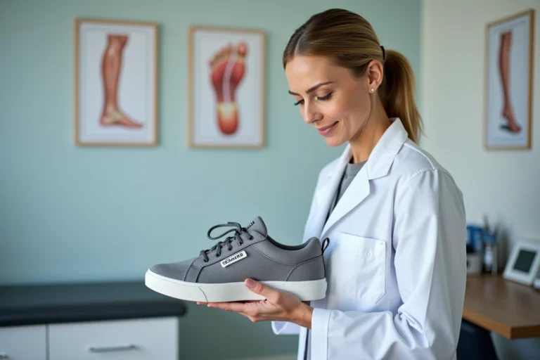 Podologue femme examinant une chaussure Skechers dans un cabinet médical professionnel
