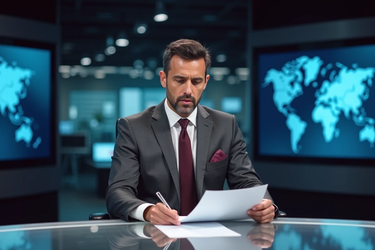 Journaliste professionnel assis au bureau de présentation d'un journal télévisé, illustrant la carrière et l'image publique d'un présentateur de renom