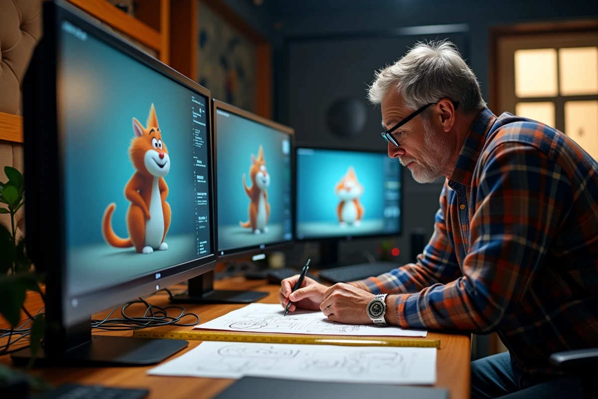 Producteur de télévision analysant les proportions d'un personnage animé dans une salle de montage professionnelle
