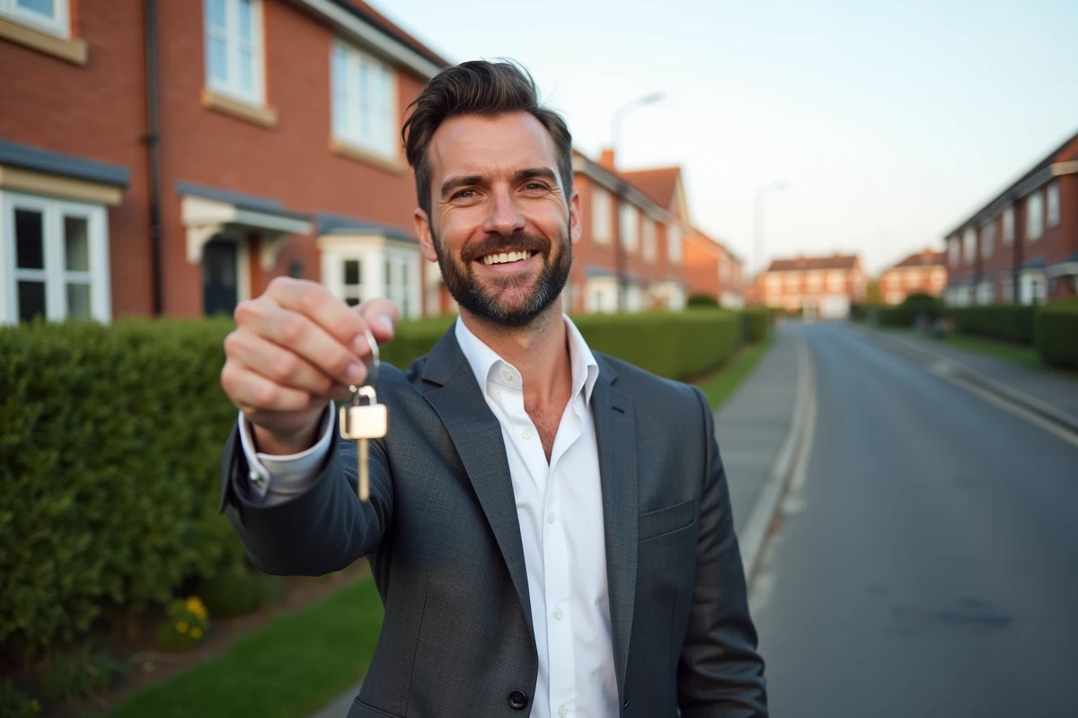 Agent immobilier remettant les clés d'une maison à de nouveaux propriétaires grâce à une méthode d'achat simplifiée