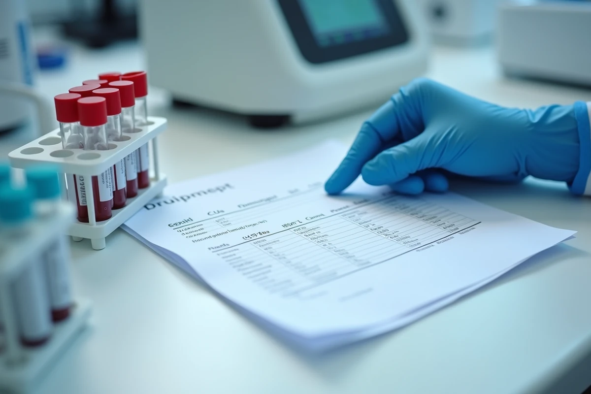 Résultats du test sanguin CA 19-9 sur un rapport de laboratoire avec des tubes d'échantillons sanguins en contexte clinique