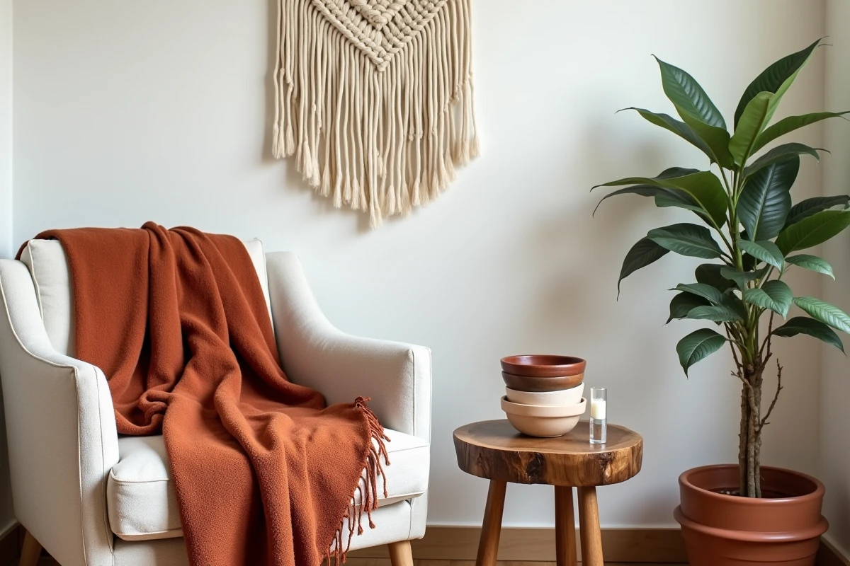 Coin salon décoré avec des objets artisanaux éthiques : plaid en laine, céramiques raku et bougie en cire d'abeille