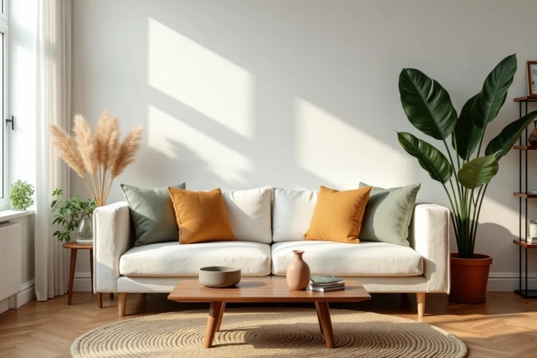 Salon scandinave décoré avec canapé en lin crème, coussins texturés et plante monstera en pot en terre cuite sur parquet en chêne