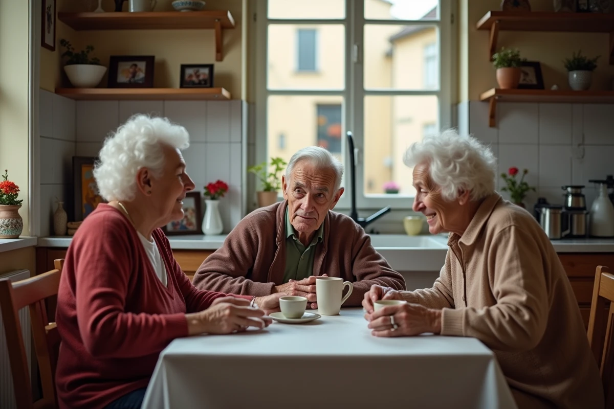 Trois seniors partageant un moment convivial à table