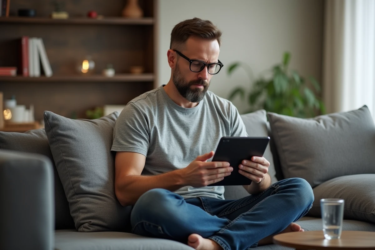 Homme consultant un guide de dépannage sur tablette pour résoudre un problème de connexion Métis Afpa