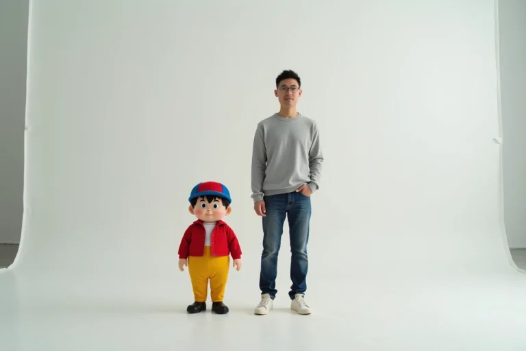 Comparaison de taille entre un costume de personnage animé et un adulte en studio, illustrant les proportions à l'écran
