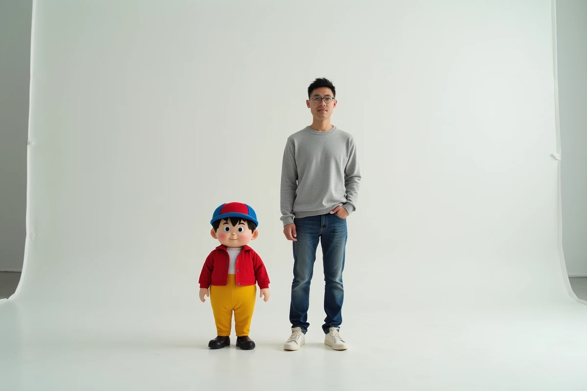 Comparaison de taille entre un costume de personnage animé et un adulte en studio, illustrant les proportions à l'écran