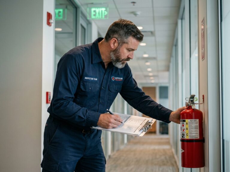 Technicien en sécurité incendie inspectant un extincteur mural dans un couloir de bureau moderne avec signalisation d'urgence