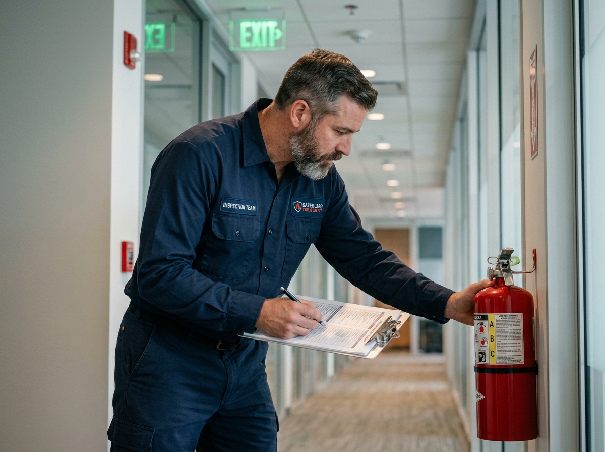 Technicien en sécurité incendie inspectant un extincteur mural dans un couloir de bureau moderne avec signalisation d'urgence