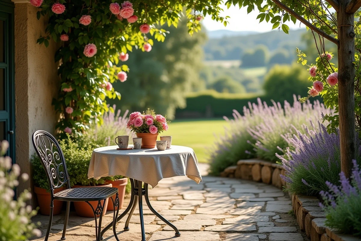 Terrasse de jardin cottage français avec mobilier en fer forgé ancien, roses grimpantes et bordures de lavande sur dallage en pierre