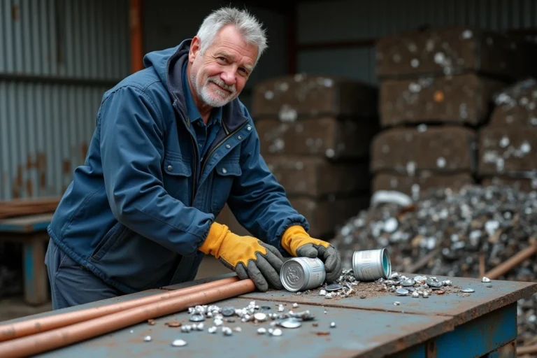 Ouvrier triant des métaux ferreux et non ferreux dans un centre de recyclage Derichebourg